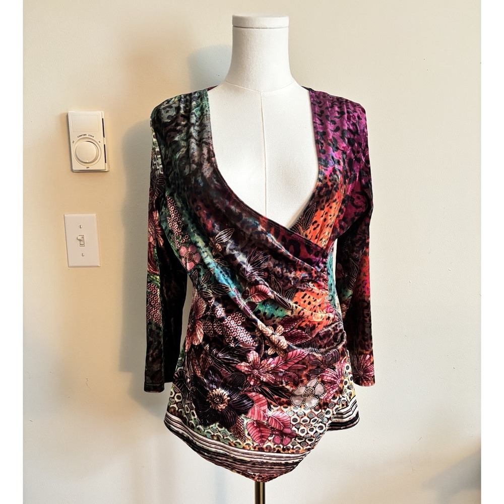 Vintage Y2K Boho Chic Velvet Whimsigoth Fairy Cute Deep V Faux Wrap Top Small